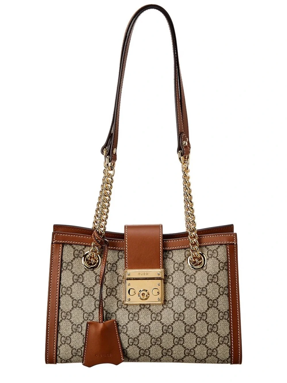 Gucci Brown GG Supreme Leather-Trim Shoulder Bag with Gold Hardware